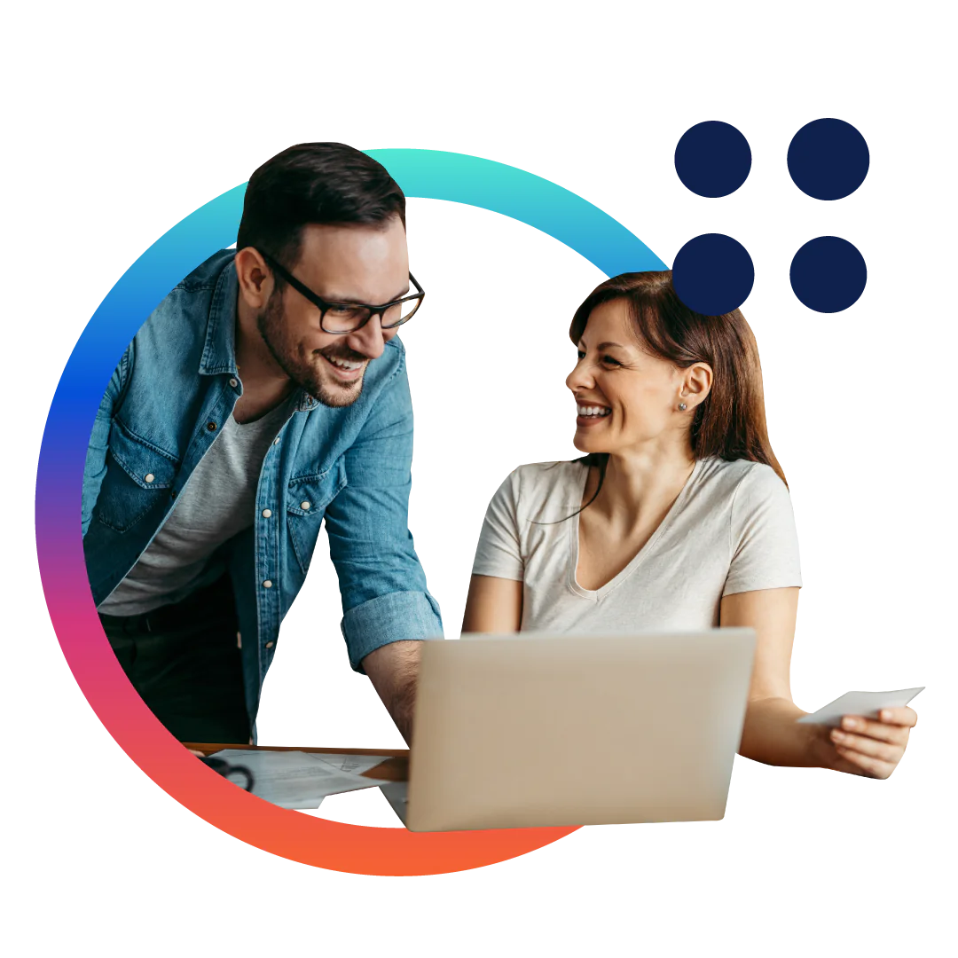 Experlogix company overview page. The image depicts a man and woman smiling in front of a laptop inside a bright, gradient circle.