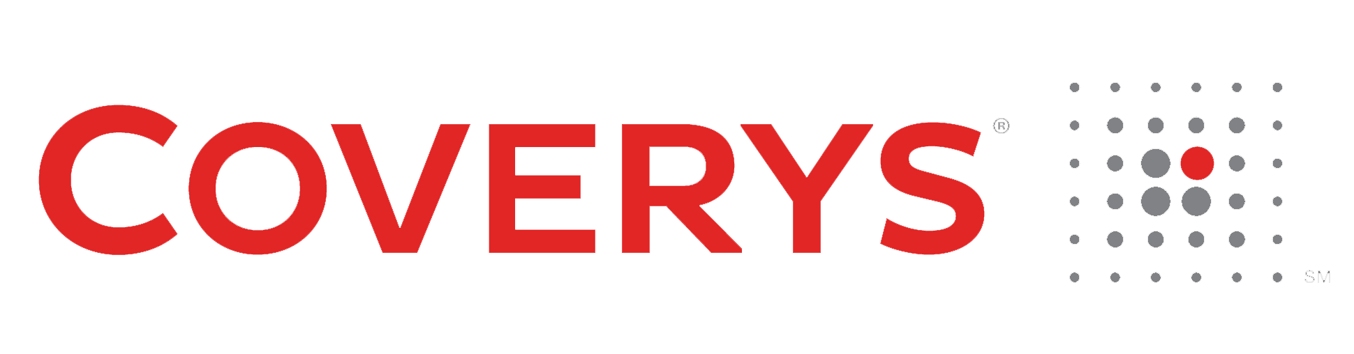The Coverys company logo with red text and a dotted grid on the right hand side