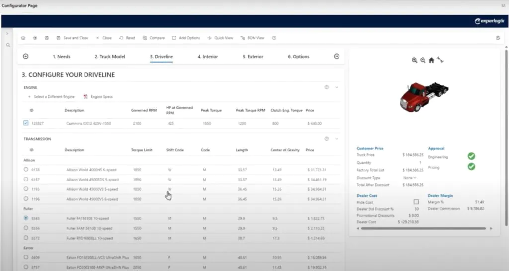Experlogix CPQ interface with driveline configuration and ERP-integrated pricing logic.