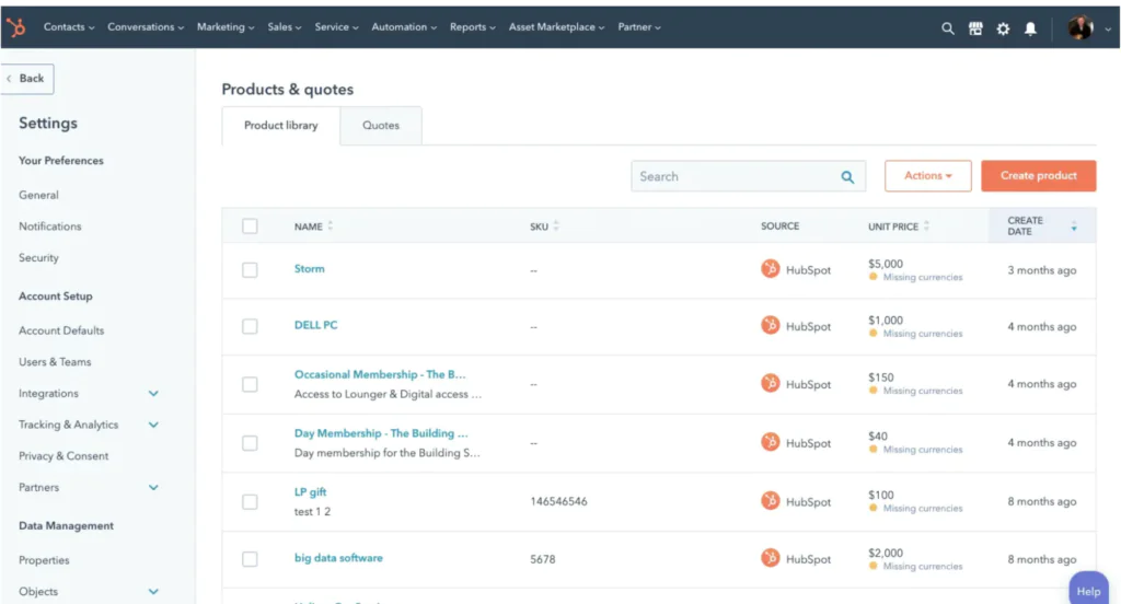 HubSpot CPQ interface showing quote management inside the CRM product and pricing dashboard.