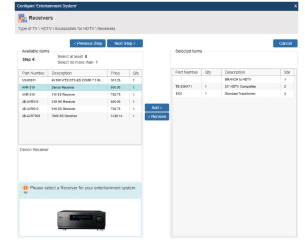QuoteWerks CPQ interface showing product selection and component configuration for entertainment systems.